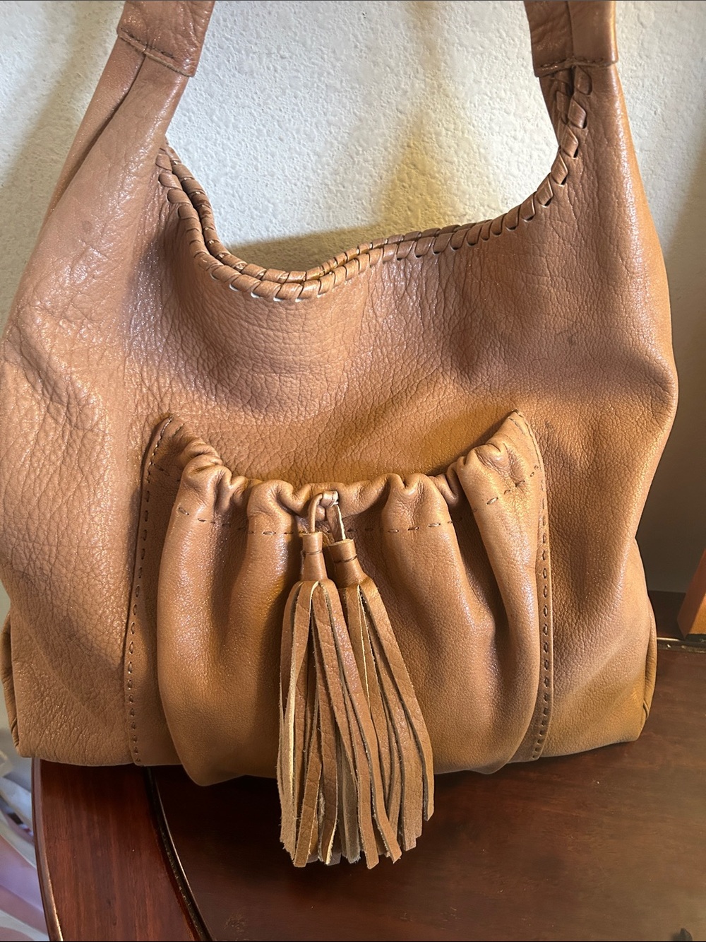 Tan Leather Tassel Hobo Bag